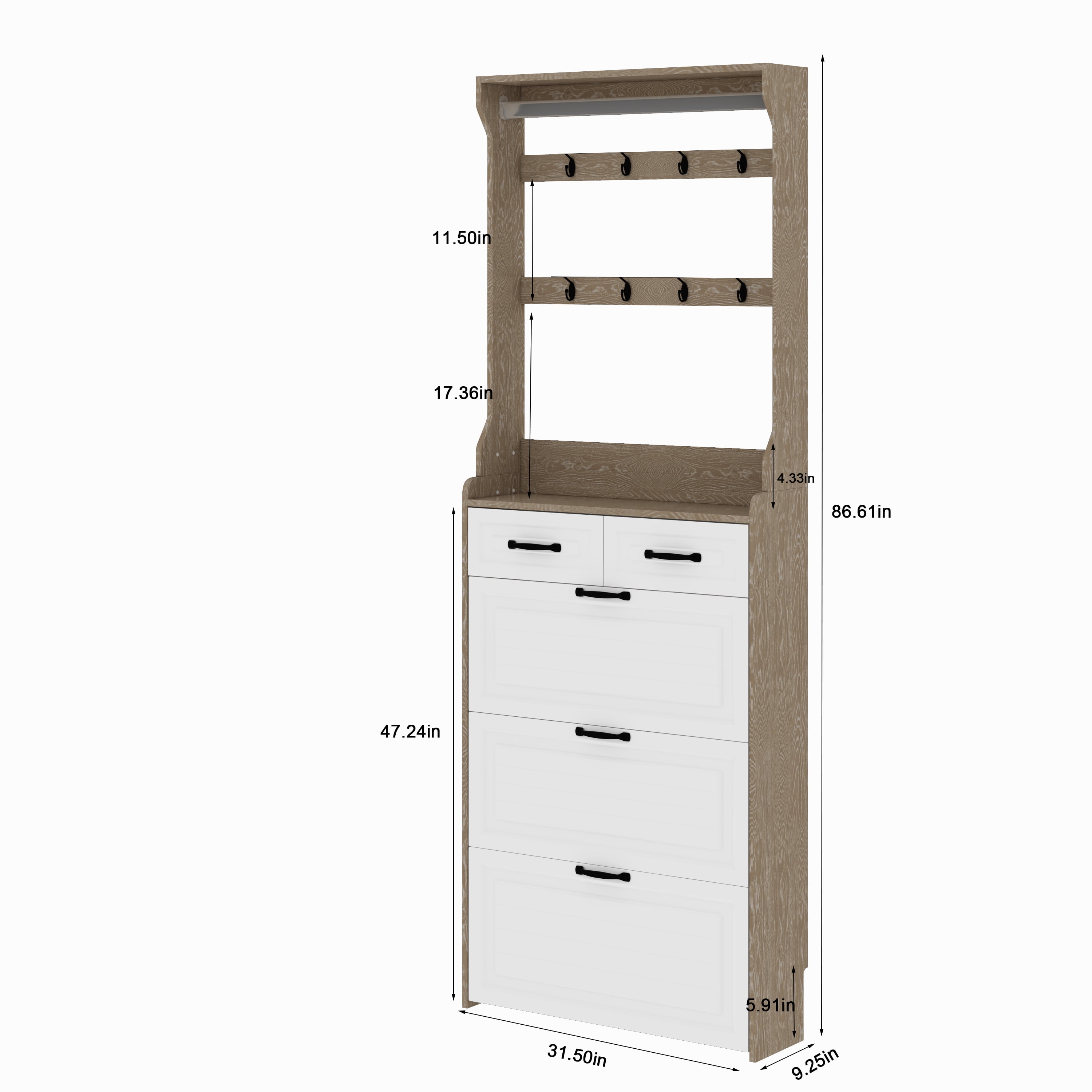 Miniyam 3-Tier Shoe Storage Cabinet, Flip Down Rack with 2 Drawers & Hooks for Entryway, Oak