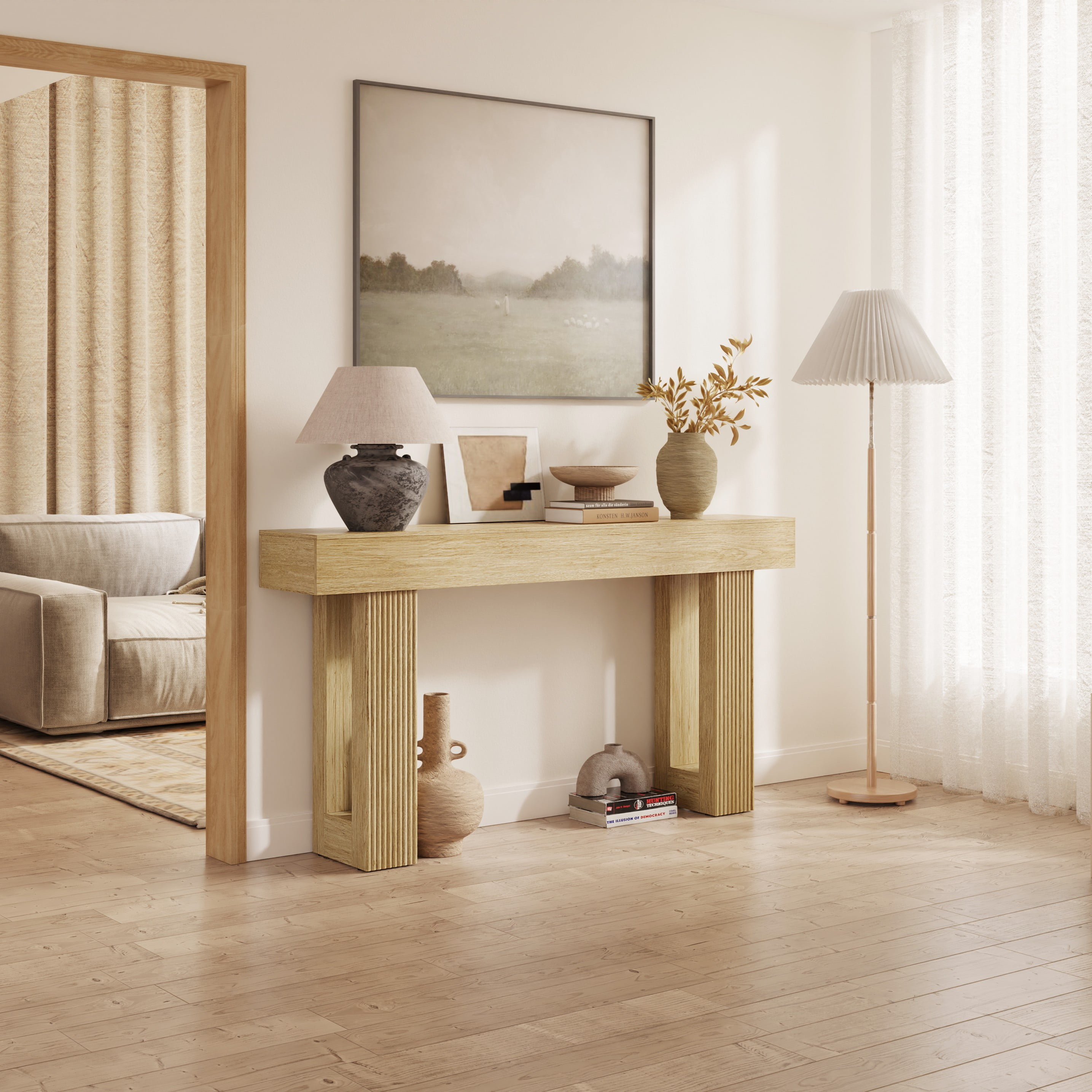 CHIC HOUSE 63" Fluted Entryway Console Table, Farmhouse Long Narrow Wooden Sofa Table Behind the Couch for Living Room, Hallway, Entrance, Foyer, Natural Oak