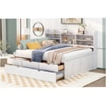 thumbnail image 3 of Full Size Storage Bed with Bookshelf Headboard and Pull Out Trundle, White Solid Wood Platform Bed Frame with 3 Drawers, 3 of 10
