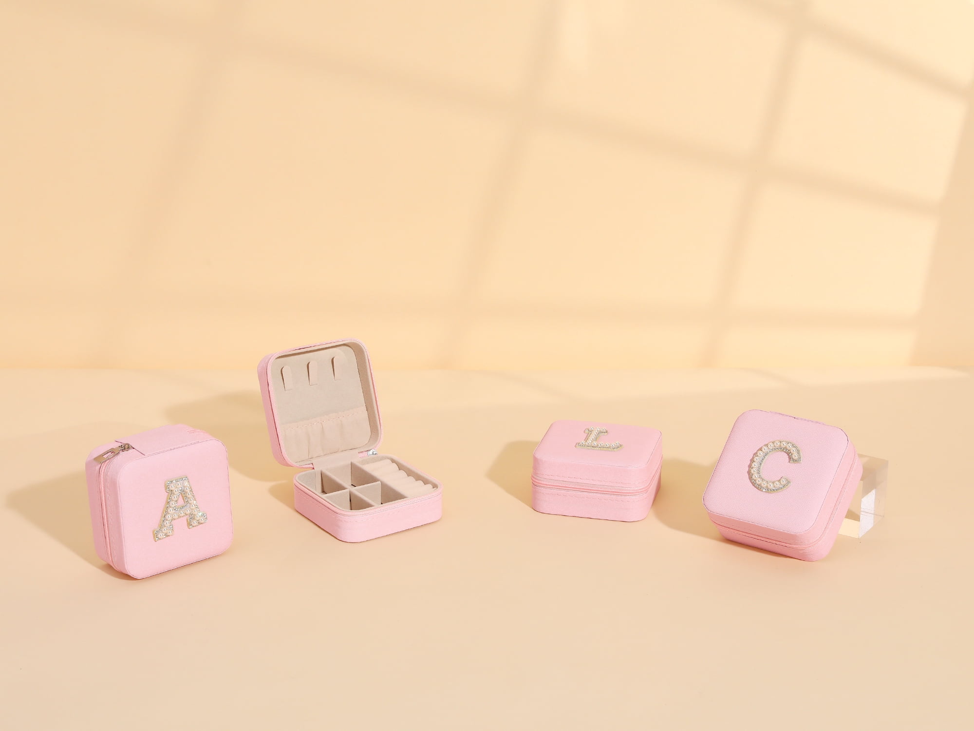 Unique Bargains Mini PU Leather Organizer Jewelry Box Storage Pink Letter C