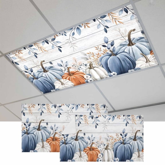 Blue Pumpkins Fall Fluorescent Light Covers, Thanksgiving Eucalyptus Leaves Wooden Magnetic Light Covers for Ceiling Lights, Fluorescent Ceiling Shade for Classroom Bedroom Office 4x2Ft x 2PCS