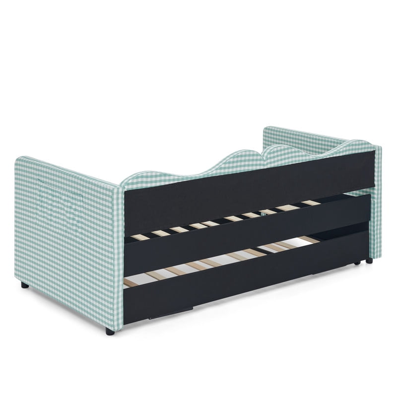 Twin to King Size Daybed with Trundle, Gingham Upholstered Day Bed Frame with Side Storage Pocket and Wave Backrest, Sofa Bed Frame for Bedroom, No Box Spring Needed