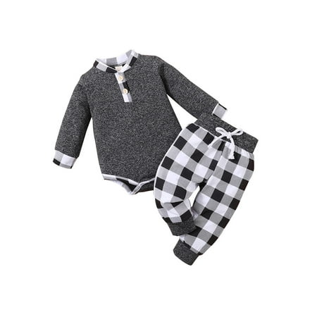 

uukiA 0-12 Months Newborn Infant Baby Boy Plaid Print Stitching Long-sleeved Bodysuit And Casual Pants 2PCs Outfits Set