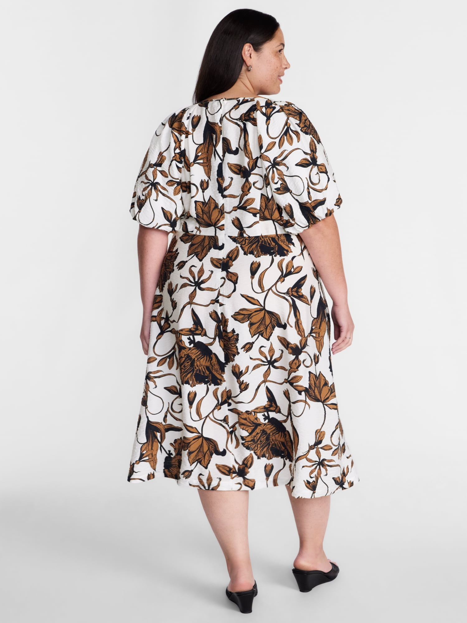 Terra & Sky Women's Plus V Neck Midi Dress with Short Puff Sleeves, Sizes 0X-5X