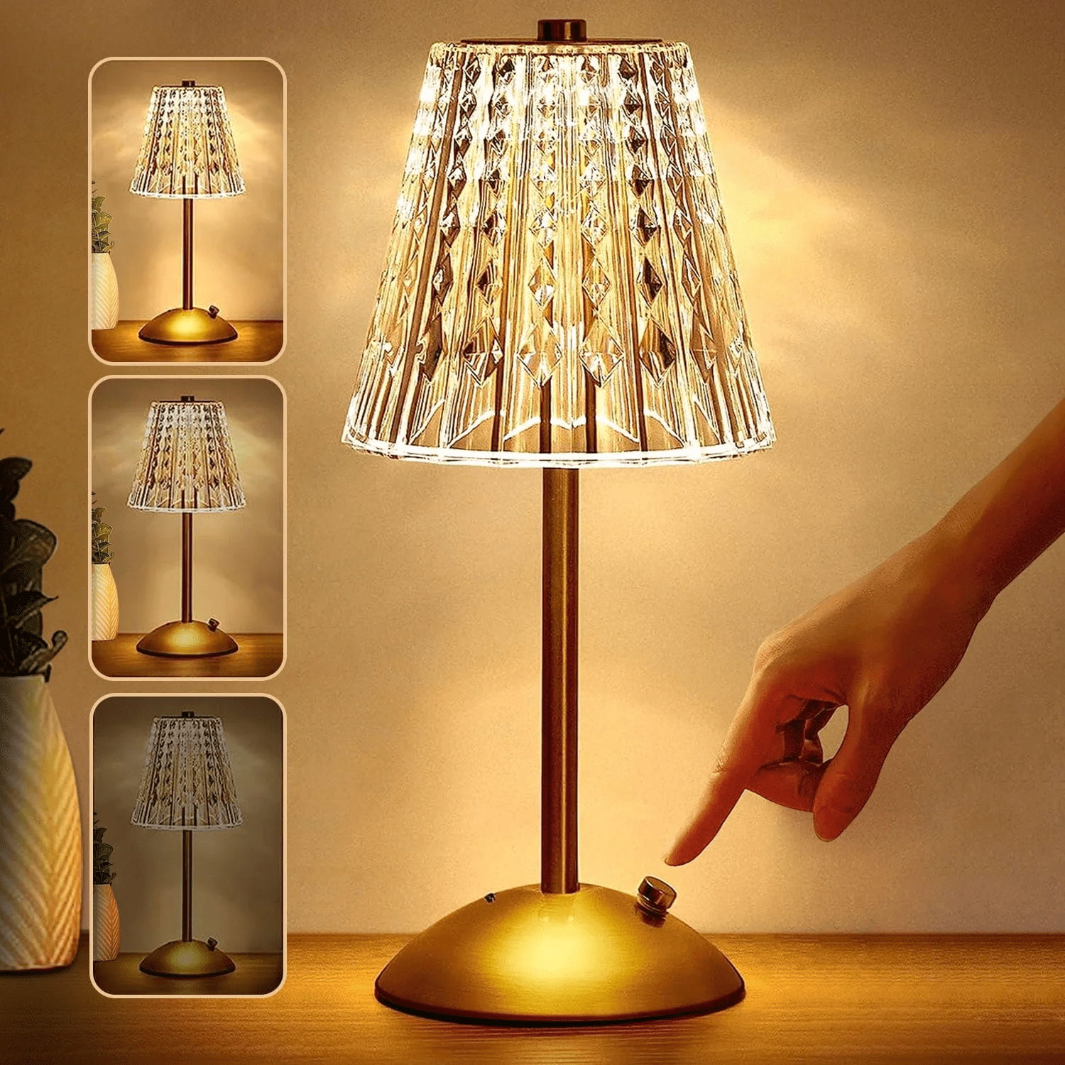 Cordless Table Lamp,Battery Operated Lamp,3 Color Modes Dimmable LED Touch Lamp,Portable Crystal Gold Metal Beside Lamps for Bedroom Living Room Restaurant