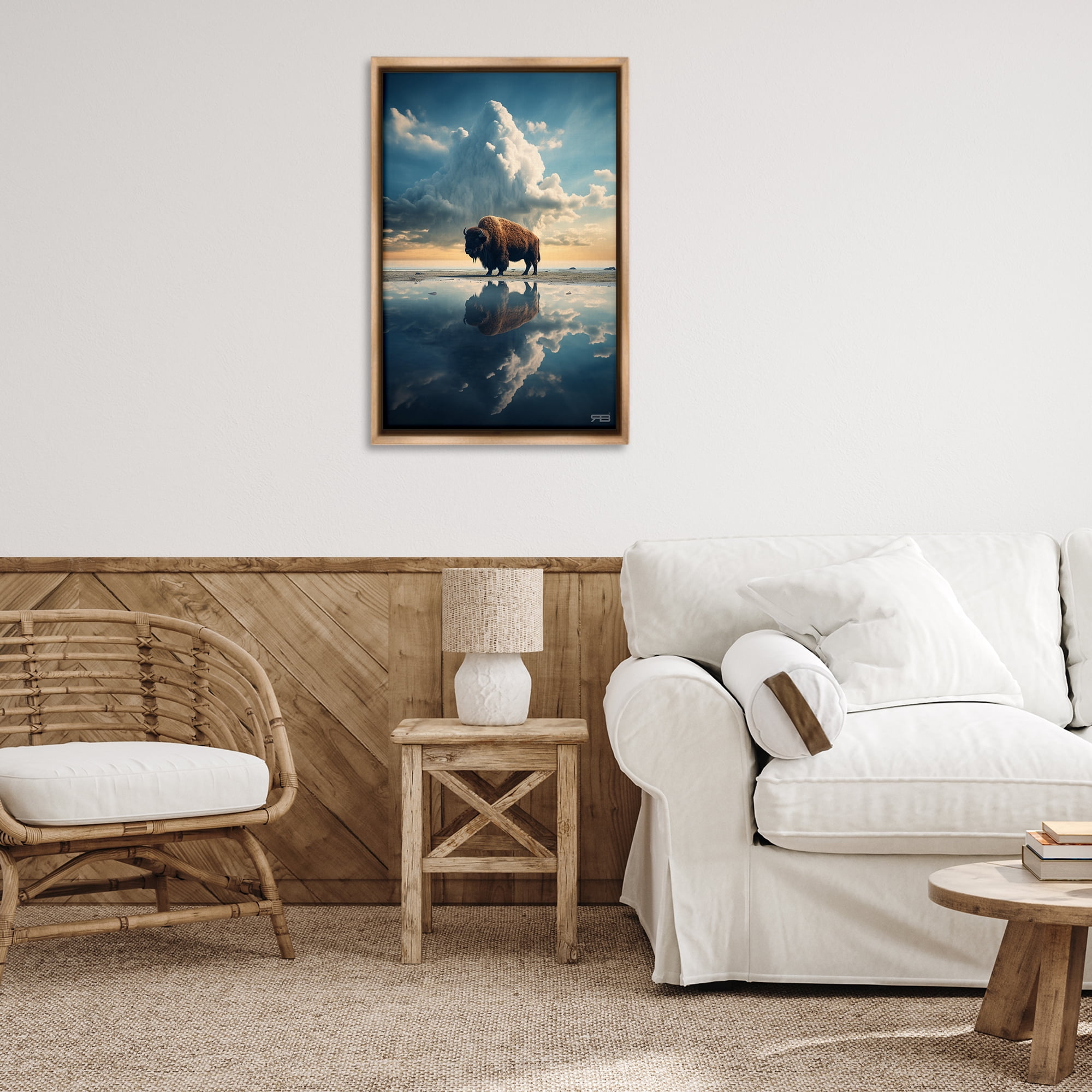 Stupell Industries Bison & Reflective Clouds Landscape Painting Brown Floater Framed Art Print Wall Art, 21 x 31