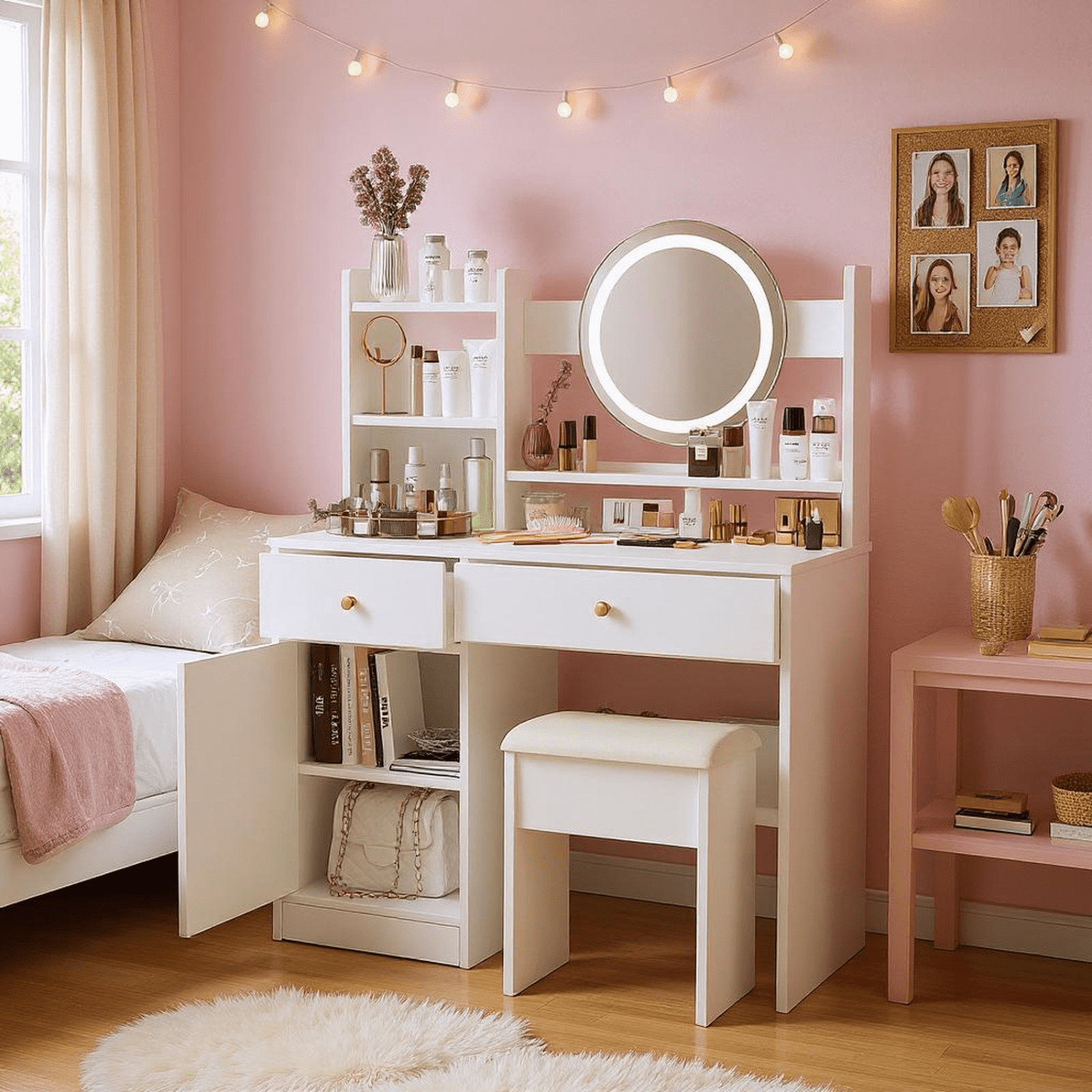Homy Casa Modern White Vanity Desk with LED Mirror, Makeup Vanity Table with Drawers and Stool for Bedroom