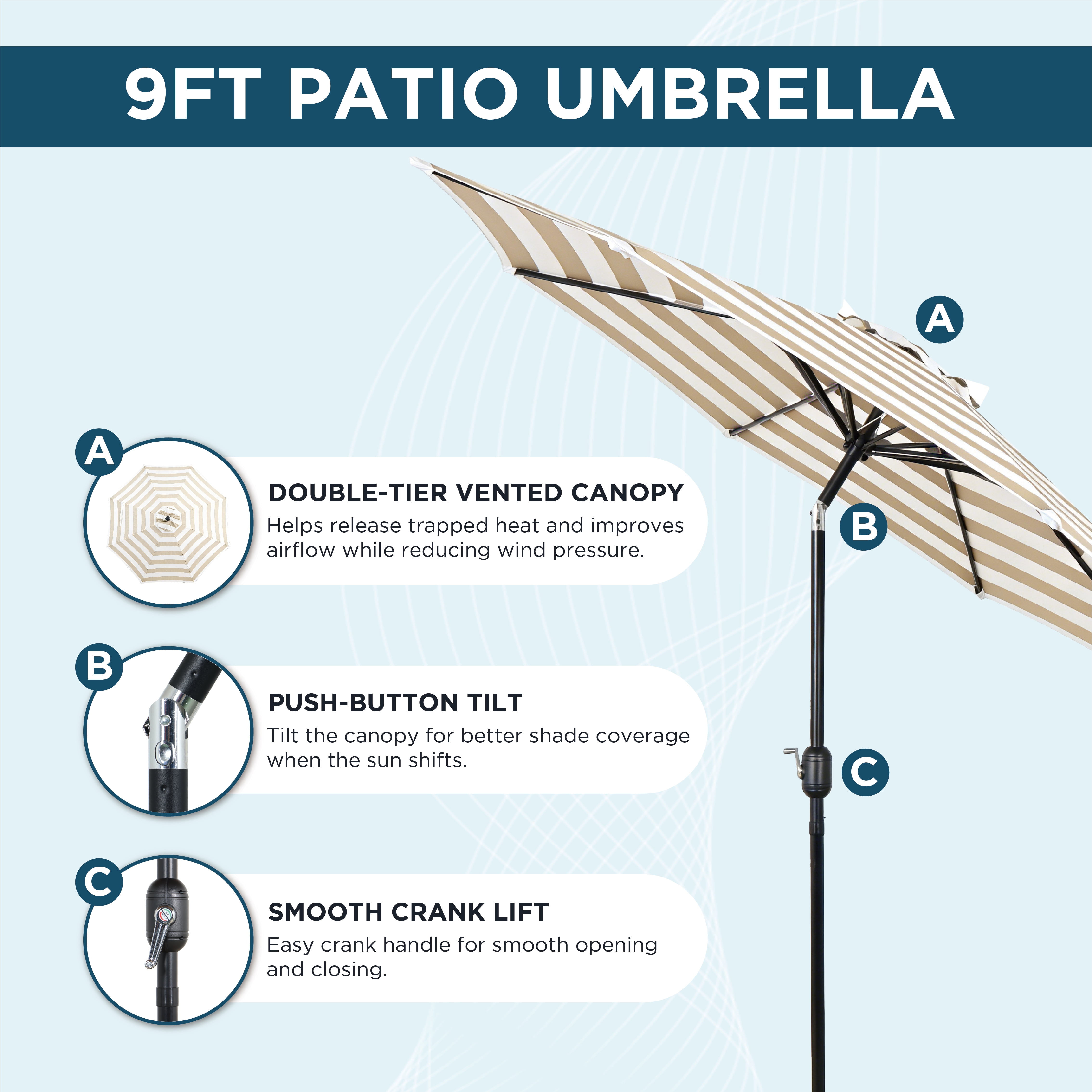 9FT Outdoor Patio Umbrella Beige White Stripe with Crank Lift and Tilt Decorative Striped Canopy UV Blocking Water Repellent for Backyard Garden