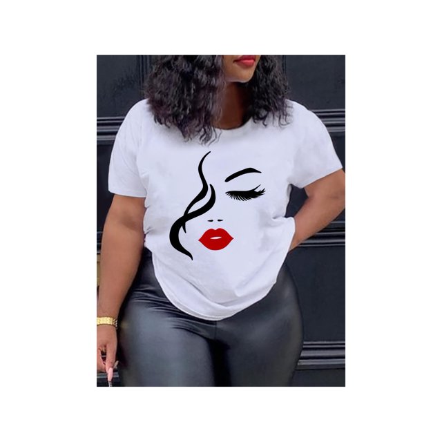 Cotton Short Sleeve T-Shirt's Chic Half-Face Printed T-Shirt - Casual Round Neck, Short Sleeve in 100%, Perfect for Spring/Summer/Fall, Machine Washable