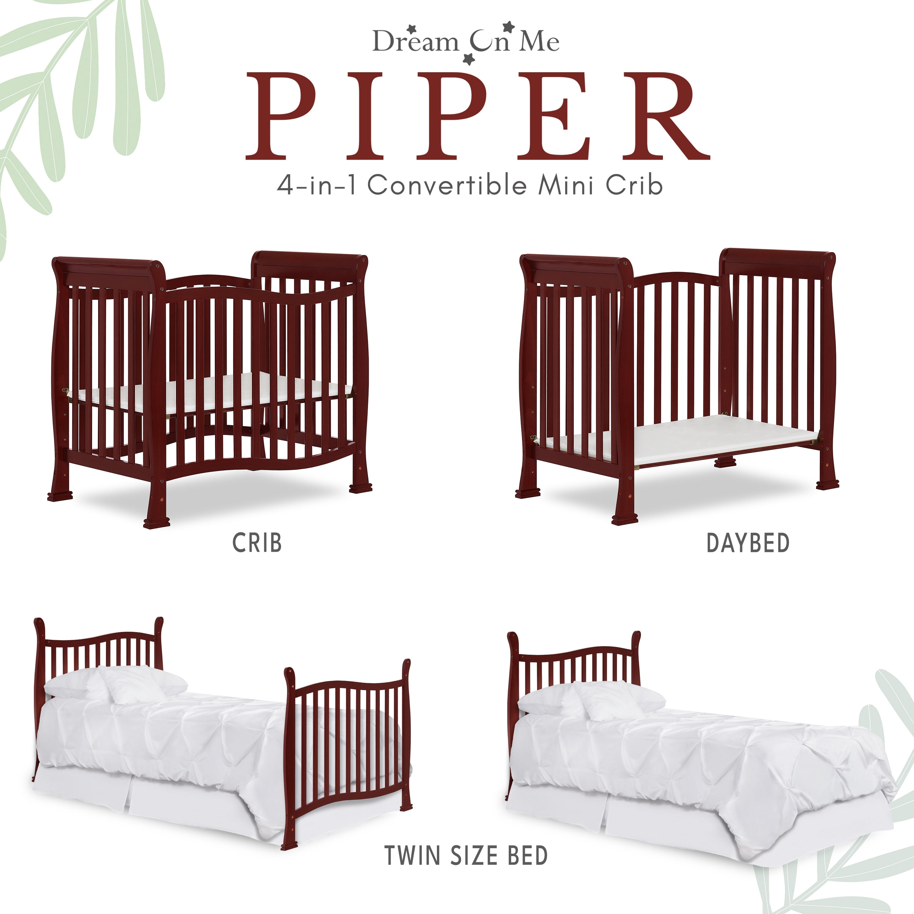 Dream On Me Piper 4-in-1 Convertible Mini Crib, Cherry