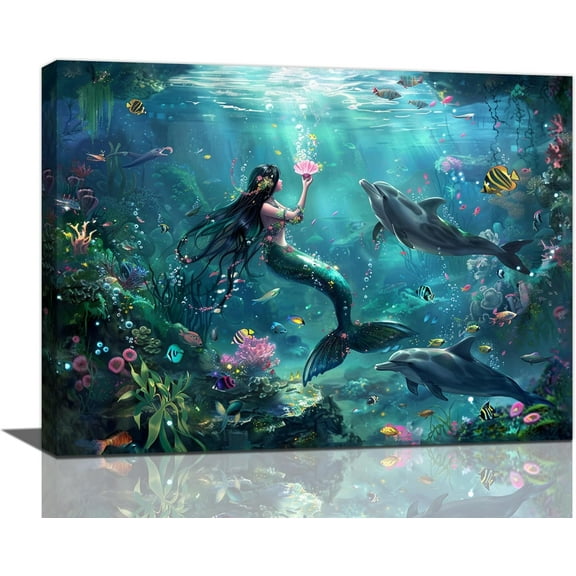 Aaheei Mermaid Wall Art Ocean Dolphin Pictures Wall Decor Mermaid Canvas Painting Print Home Modern Artwork Decorations for Bathroom Living Room Bedroom Office