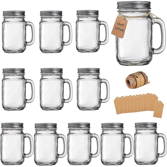 Mason Jar Cups, Mason Jars With Handle And Lids, Drinking Glasses Cups, Glass Mugs with Handles 16 oz â??12 Pack