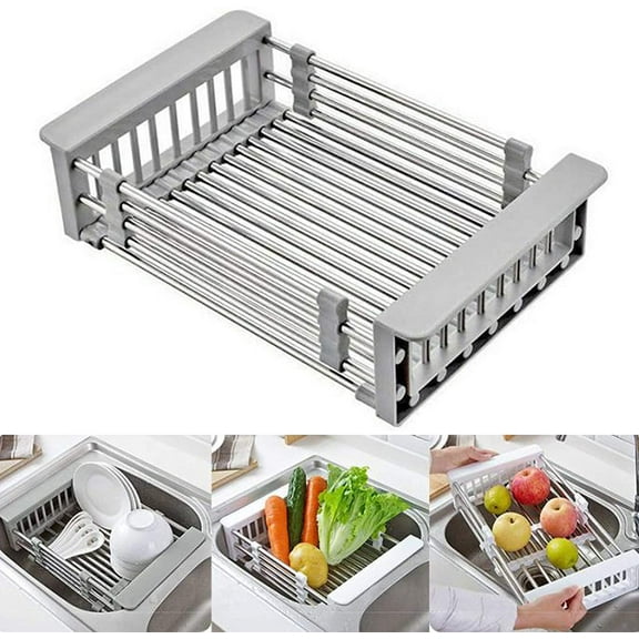 TIFOR Stainless Steel Kitchen Drying Rack, Retractable Drain Basket with Adjustable Armrest, Over The Sink Dish Drying Rack