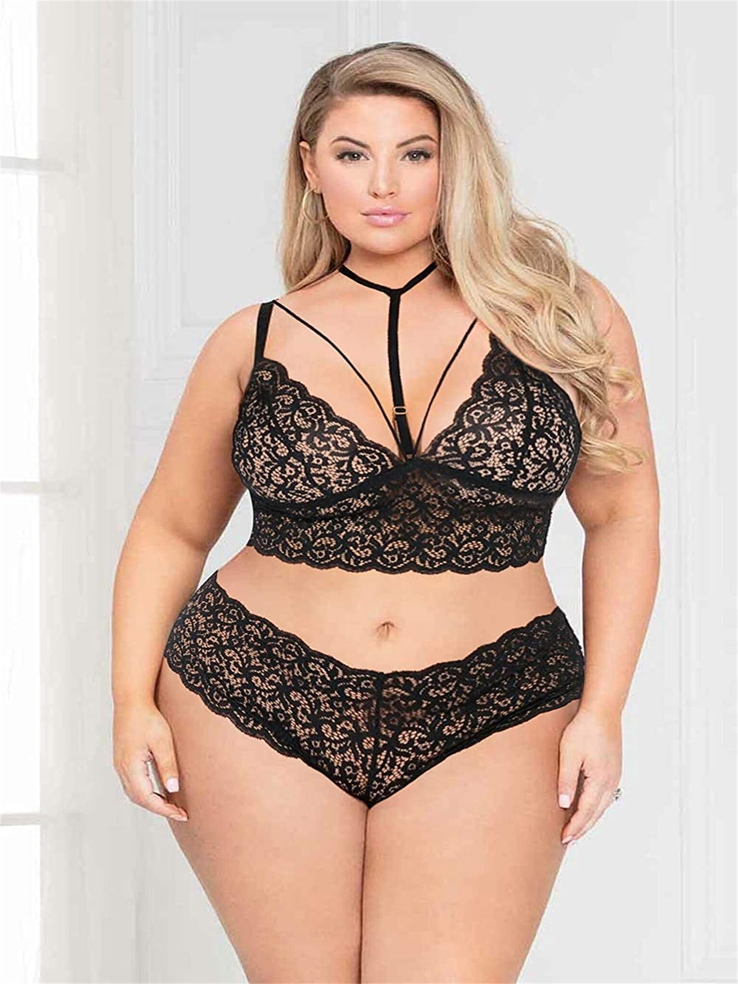 Strappy Bra and Panty Underwear Sets Plus Size 2 Piece Lingerie for Women 