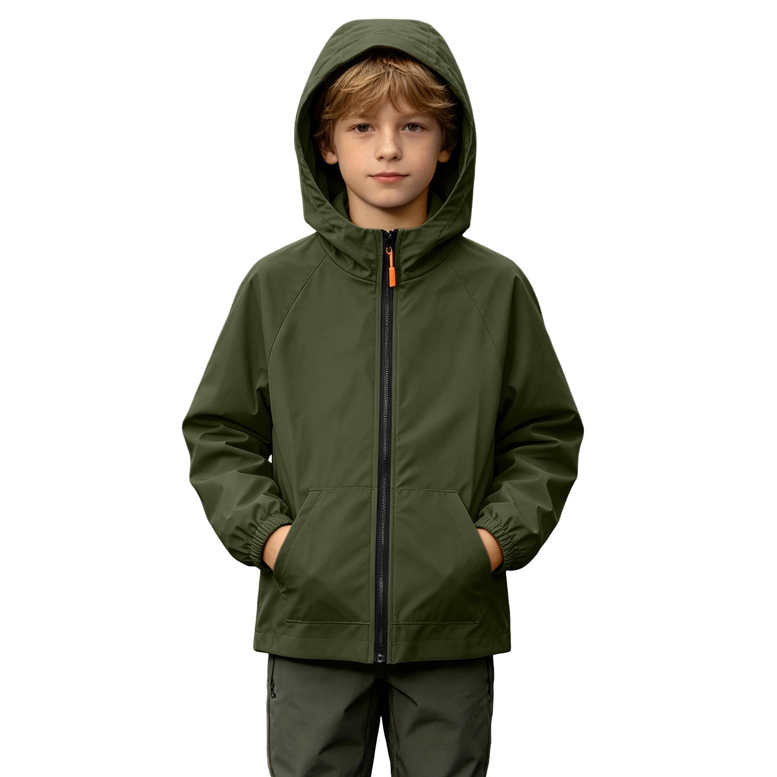 BRGZLK Boys Girls Waterproof Rain Jacket Unisex Long Sleeve Full Zip Lightweight Windbreaker Hooded Raincoats with Side Pockets for Outdoor School Travel Fall Winter Clothes Army Green 14-15 Years