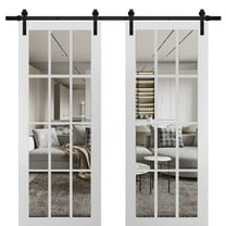 Sturdy Double Barn Door with Clear Glass 12 lites | Felicia 3355 Matte White | 13FT Rail Hangers Heavy Set | Solid Panel Interior Doors-36" x 96" (2* 18x96)-Black Rail