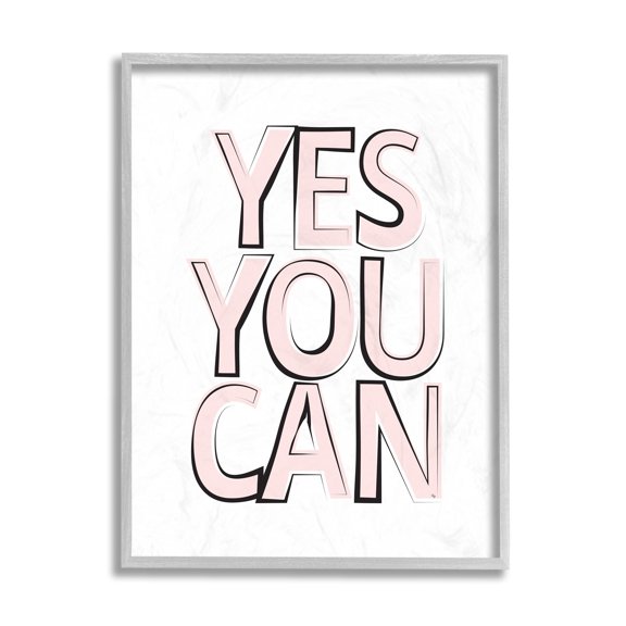 Stupell Industries Yes You Can Phrase Minimal Pink Bold Text Typography Painting Gray Framed Art Print Wall Art, 16 x 20