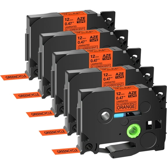 GREENCYCLE 5 Pack Compatible for Brother P-Touch TZ TZe TZe-B31 TZB31 TZ-B31 TZeB31 Label Tape 12mm 0.47'' Black on Fluorescent Orange Laminated use in Cube PT-D600 H110 D210 D400 Label Maker