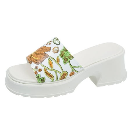 

Summer Saving Clearance! Kukoosong Womens Wedge Sandals Womens Flower Printed Slippers Sponge Sole Thick Sole Mules Straight Line Sandals Women Yellow 41