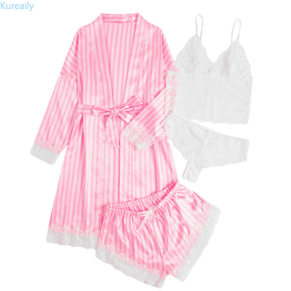 Kureaily Silk Pajamas For Women Set 4 Piece Satin Sleepwear Classic Button Down Short Sleeve Pj Set Cute Loungewear Soft Lounge Sets