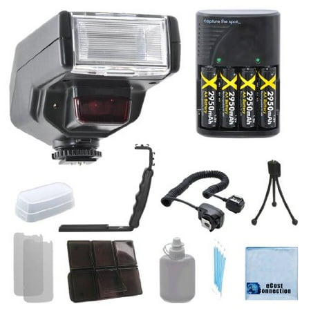 - Pro Series D130N TTL Digital Flash w/ Bounce, Swivel, Slave Feature for Canon Cameras, 7.5 Foot Flash Cord w/ angle Flash Bracket, 4 AA rechargeable batteries w/ charger + eCostConnection Kit