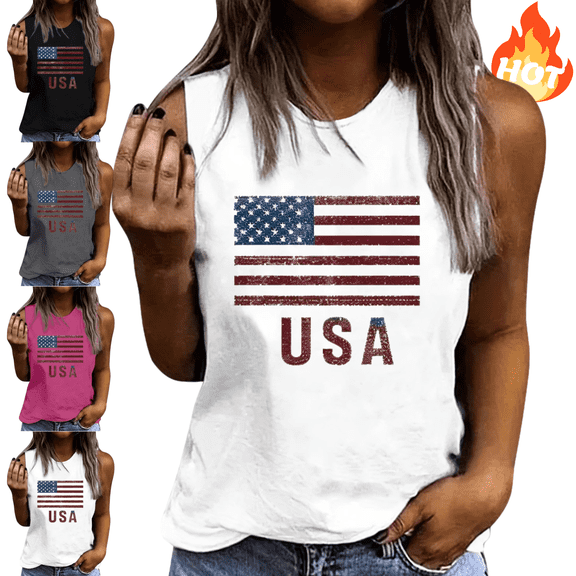 Mifsaly American Flag Tank Tops Women Crewneck Sleeveless Top Cotton Graphic Summer Shirts Loose Fit Breathable Soft Casual Independence Day Patriotic Tees S