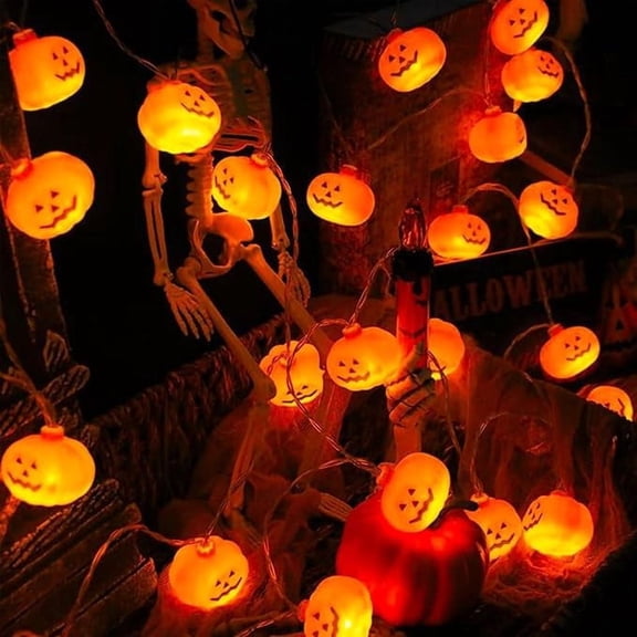 Halloween Camper Decor 5FT 10LED 3D Pumpkin String Lights Waterproof Spooky Jack-O-Lantern Battery Lights, 2 Lighting Modes for RV Porch Window Outdoor Holiday Party Decor