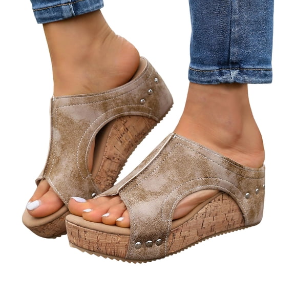 Rokment Women's Vintage Platform Wedge Gladiator Slides Sandals Boho Beach Casual Leather Hollow out Studded Orthotic Chunky High Heels Slip on Summer Shoes Grey Size 6