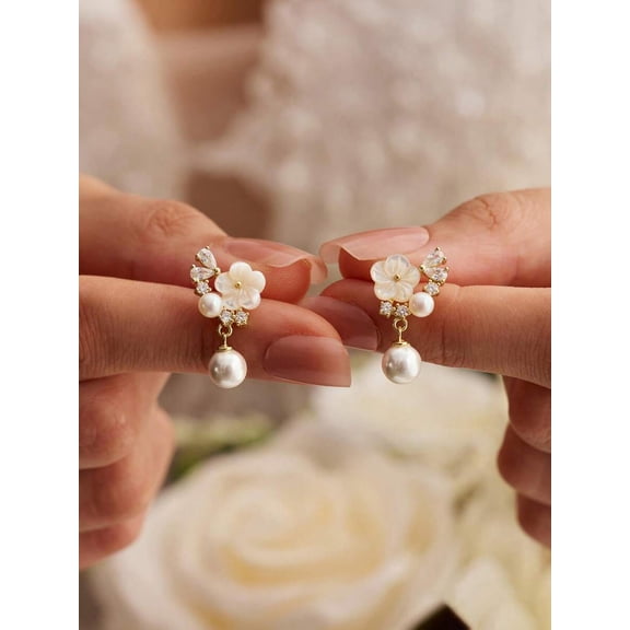 Earrings Gold-5, CZ Flower With Teardrop Pearl Drop Design