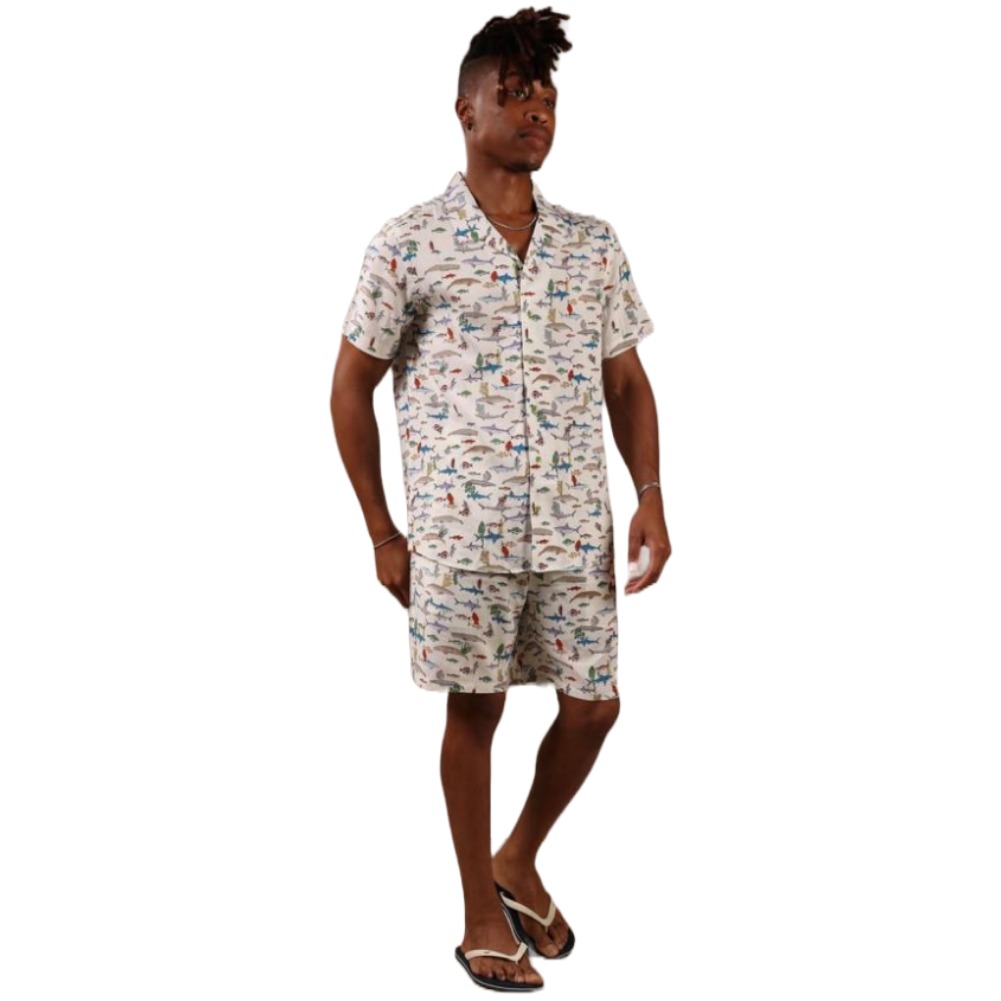 Men's 2 Piece Shorts and Shirt Tropical Casual Matching Beach Clothing Set,  White Sharks, L