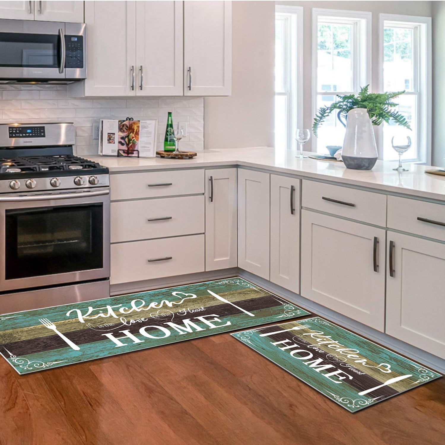 2 Pieces Rug Set, Non-Slip Mats Soft Kitchen Area Rugs, Suitable for Kitchens, Laundry Rooms, and Hallways (Teal, 20" x 32" + 20"x 48")