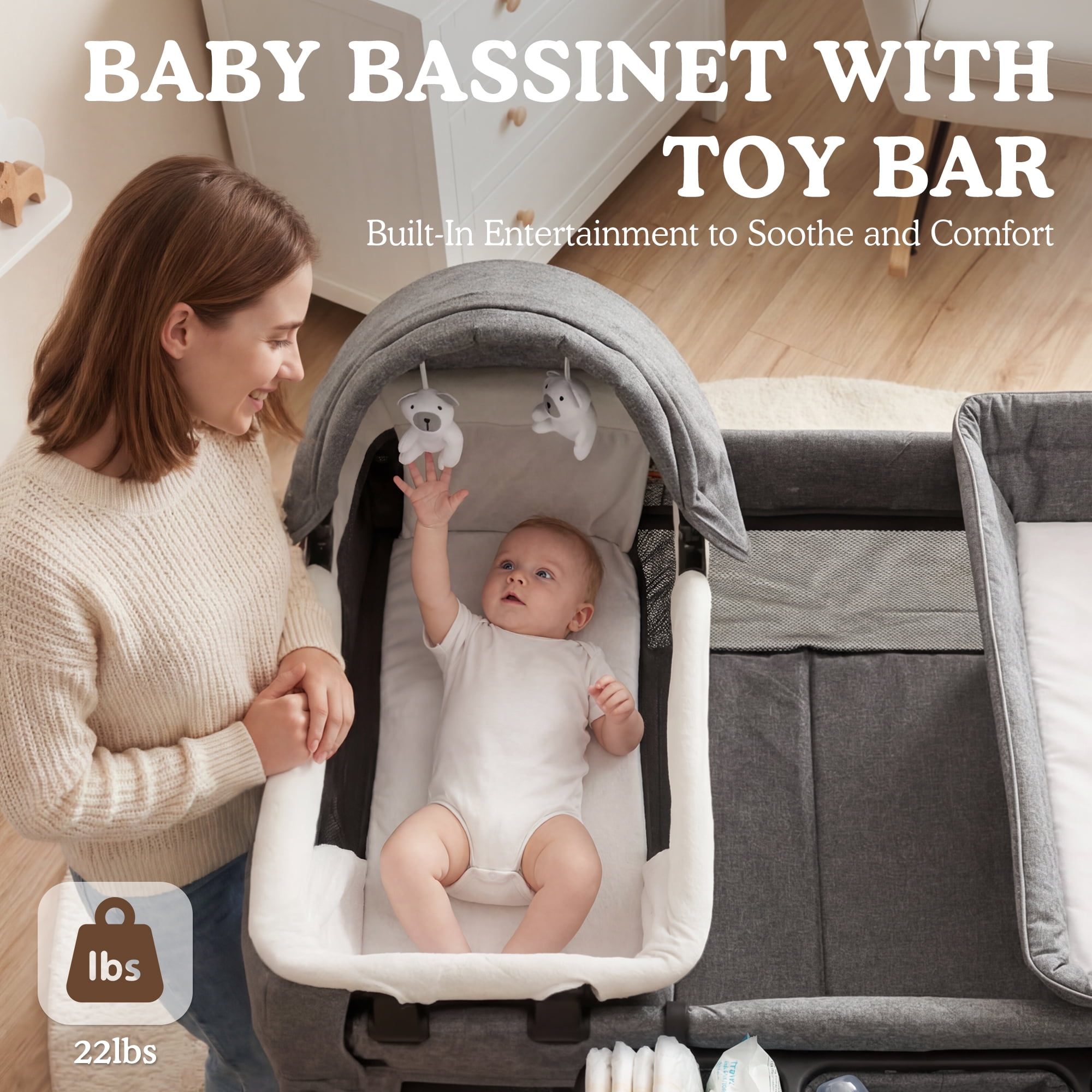 AILEEKISS 3-in-1 Foldable Baby Playard with Bassinet and Changing Table for Newborn, Grey