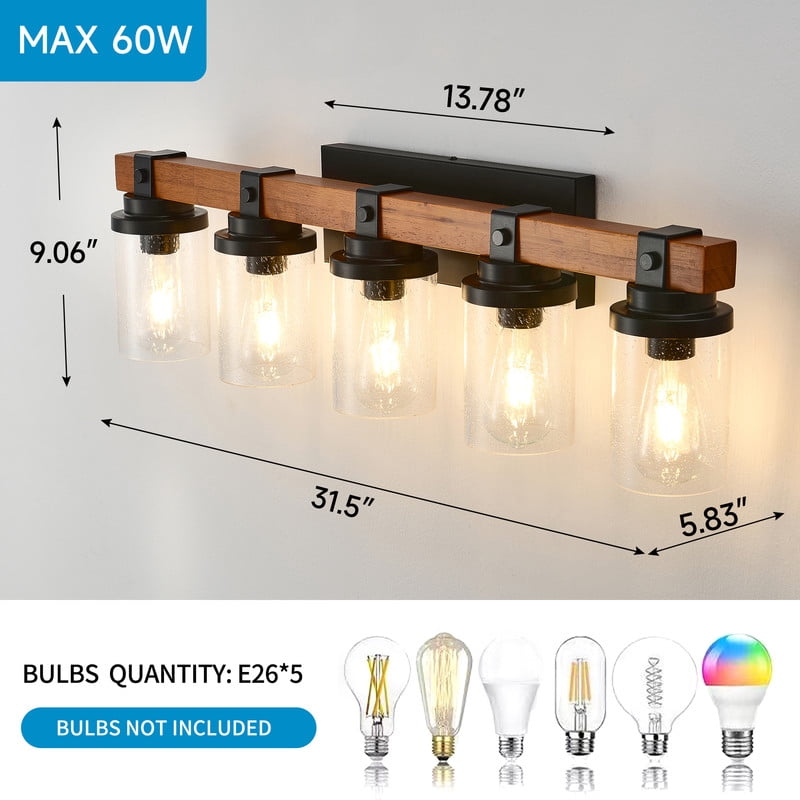 TICOZE 5-Light Matte Black and Wood Wall Lamps with Glass Lamp Shades Vanity Lighting Fixtures for Bathroom Kitchen Dining Room (Bulbs Not Included)