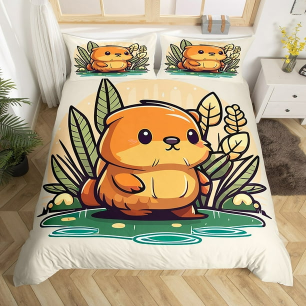 YST Kids Capybara Duvet Cover Full for Boys Girls Animal Theme Bedding Set Green Leaves Comforter Cover Cute Kawaii Wildlife Bed Set Cartoon Style