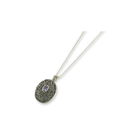 Jewelryweb Marcasite Amethyst Locket on Chain Necklace - Spring Ring