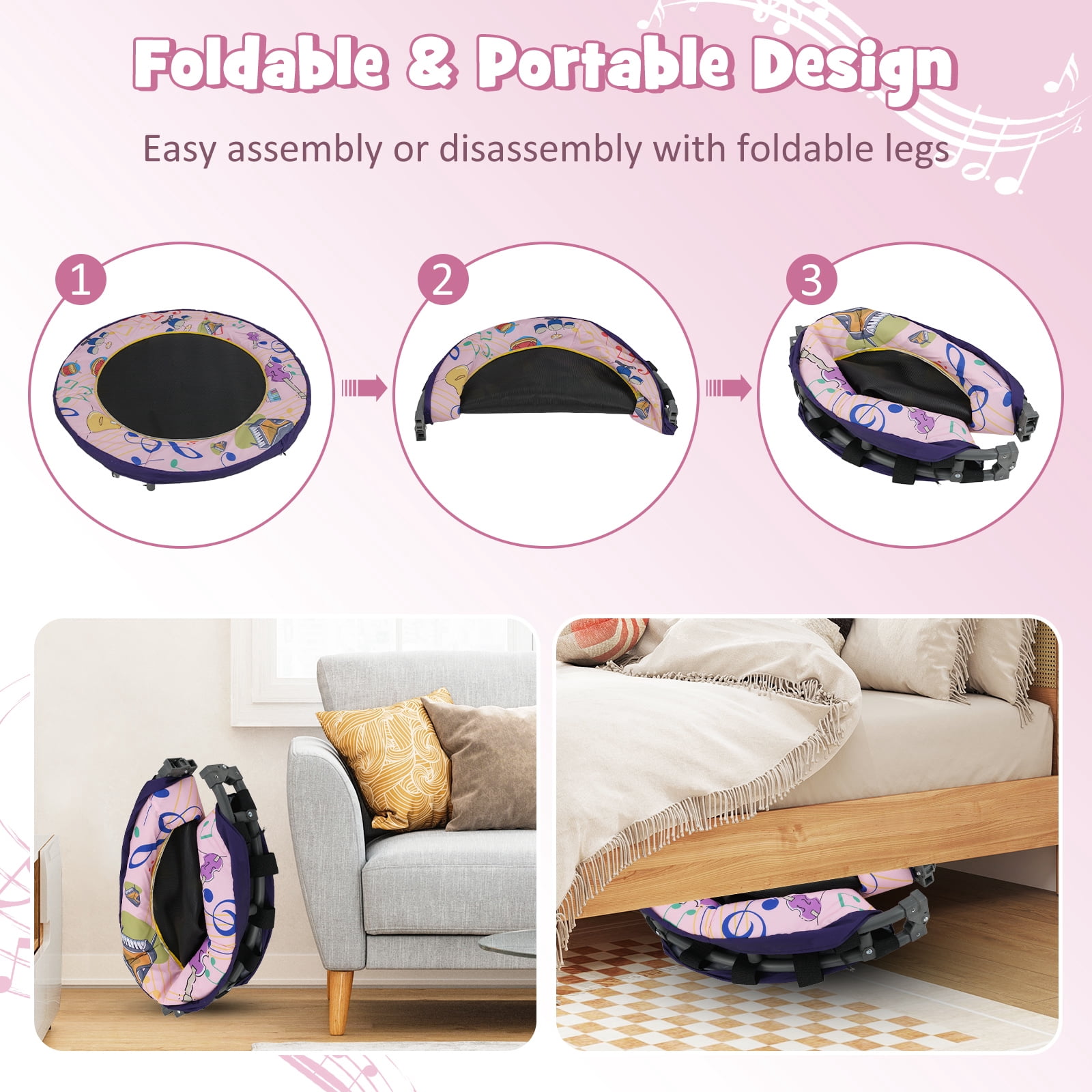 Gymax 36'' Foldable Kid Trampoline w/ 20 LED Lights Foam Handlebar Padded Safety Cover Pink