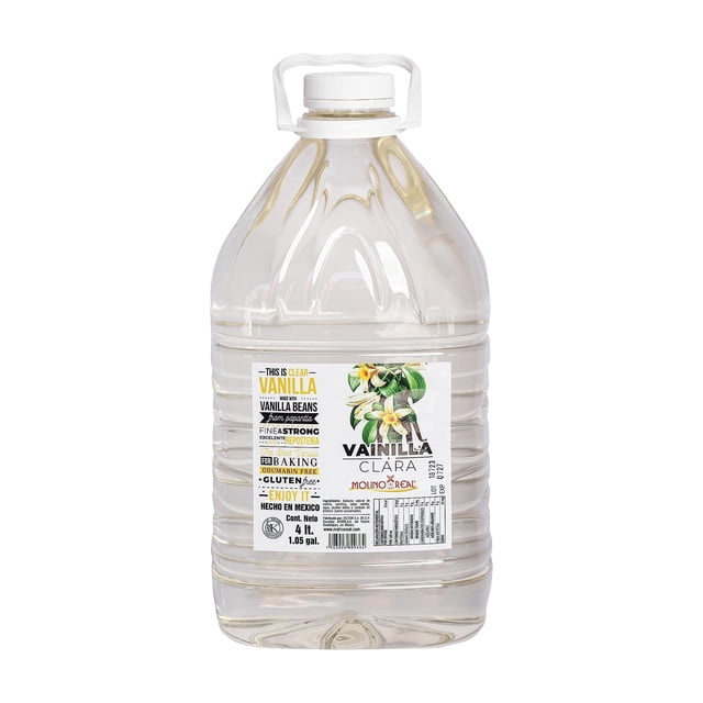 Molino Real, Saborizante Natural de Vainilla (Clara), Garrafa de 4 Litros, Certificación Kosher, Sin Gluten, Sin Azúcar.