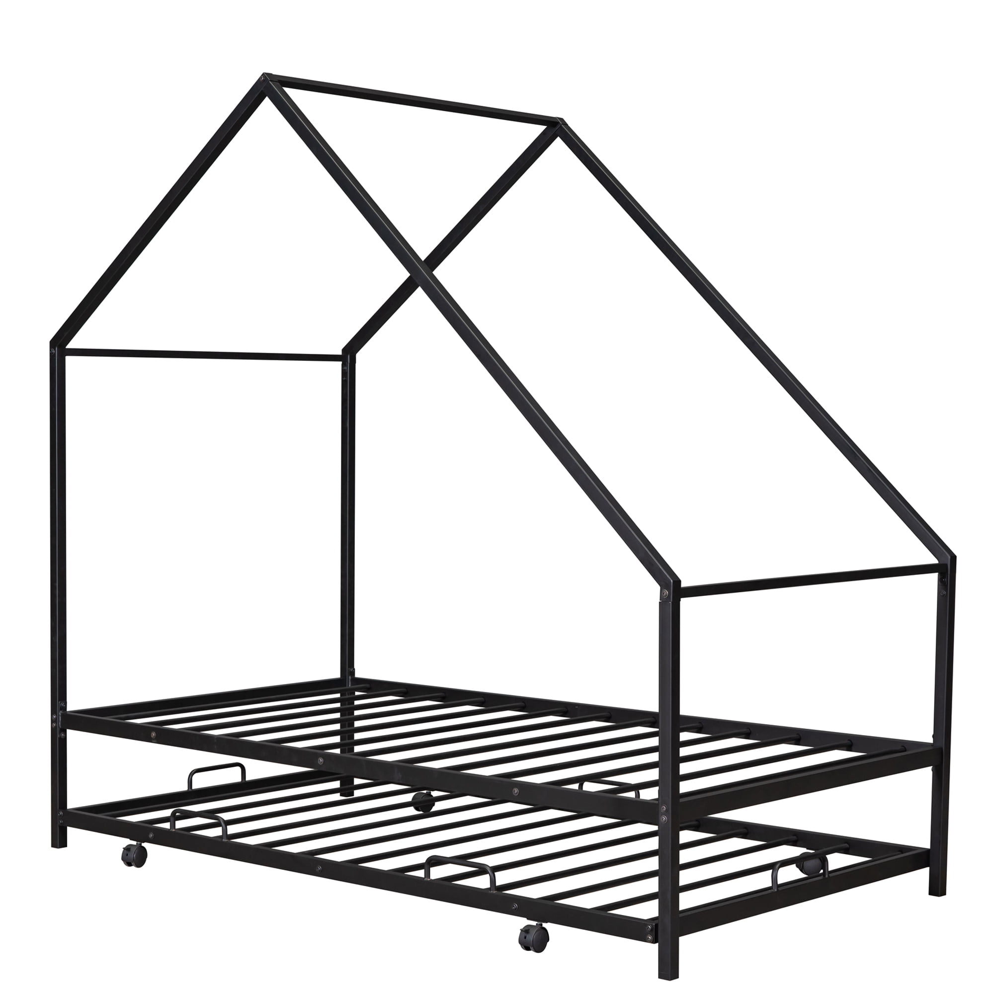 Gewnee Metal House Bed With Trundle,Kids Twin Size House Shaped Platform Bed Frame,Black