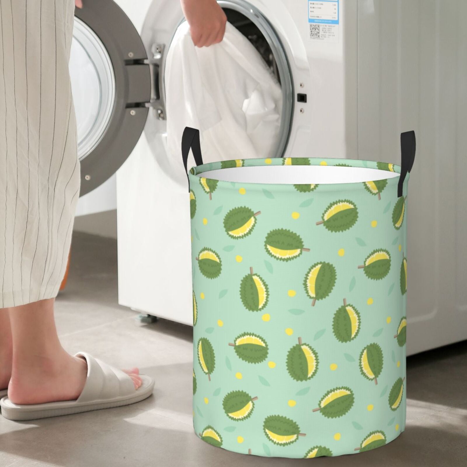 Large Laundry Basket with Handles - Cute Durian Light Green Kids Baby Dirty Clothes Laundry Hamper for Bedroom Aesthetic