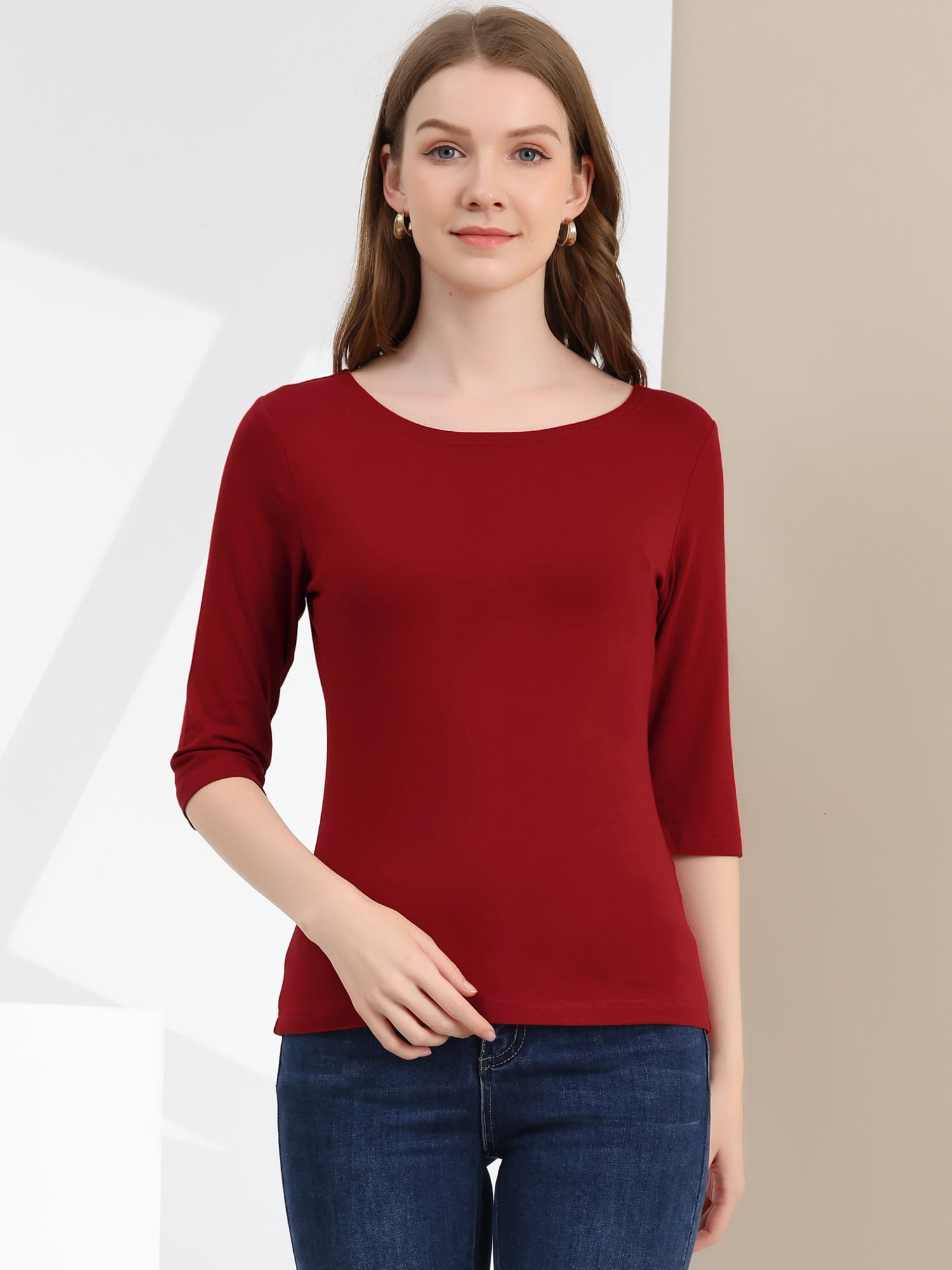 DARING DIVA Women's Elbow Sleeves Boat Neck Slim Fit Classic Tee S Wine Red