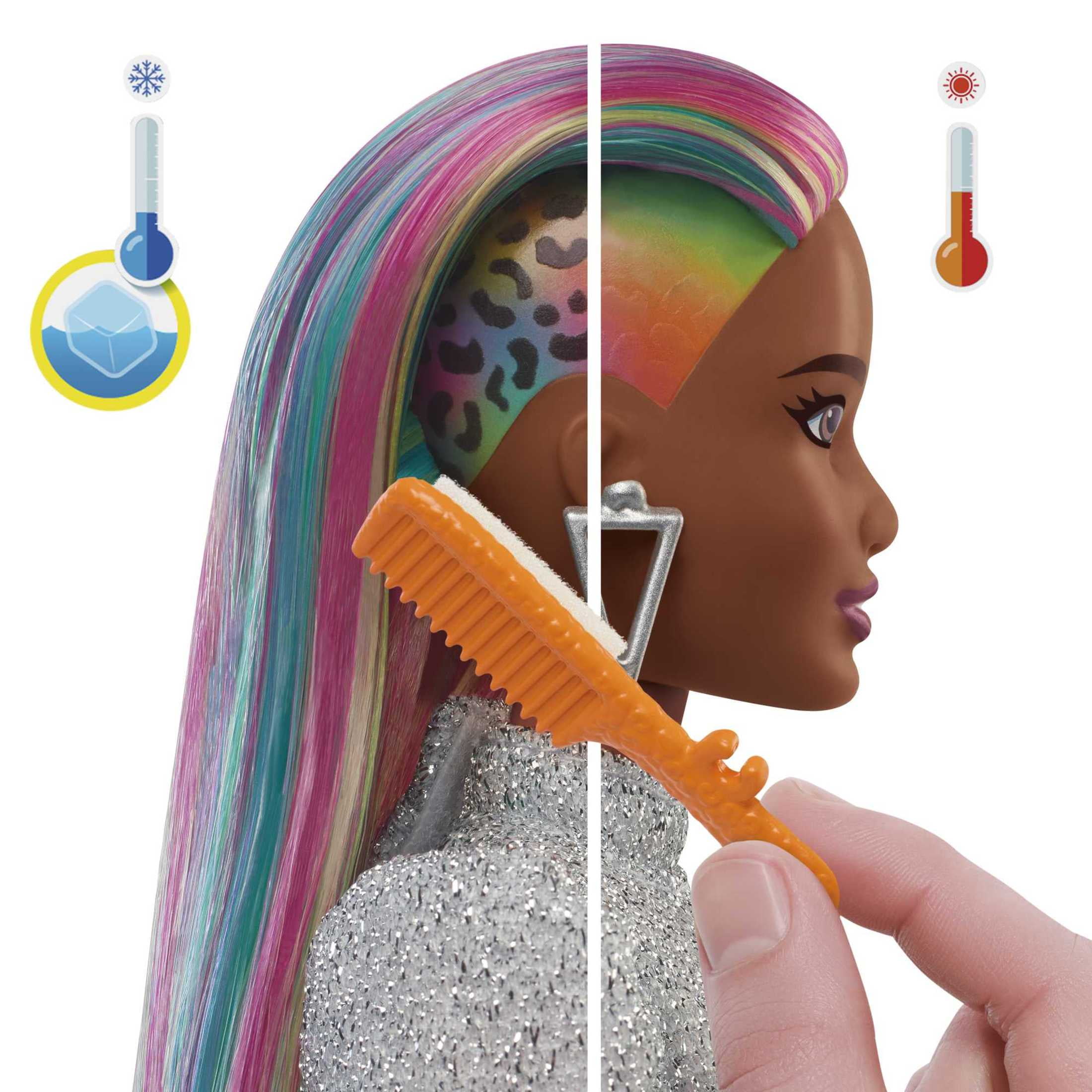 Barbie Leopard Rainbow Hair Doll with Color-Change Highlights & Styling Accessories