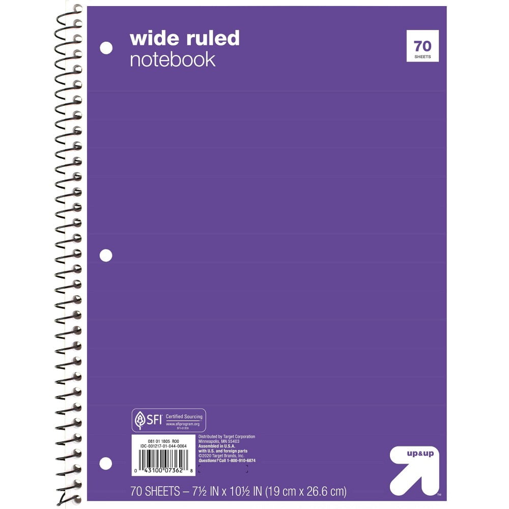 Wide Ruled 1 Subject Flexible Paperboard Cover Spiral Notebook Set of 5