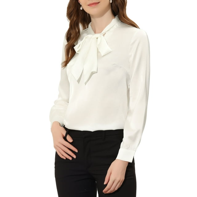 INSPIRE CHIC Blouse en Satin à Manches Longues avec Col Noué pour Femmes G Blanc