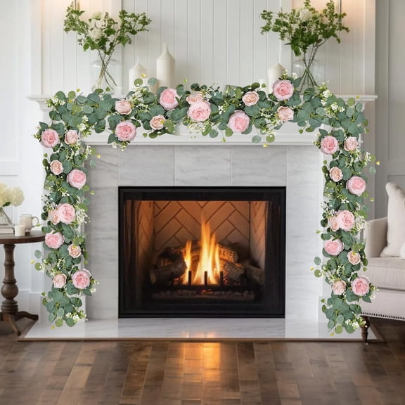 Bcylexb Roses and Baby’s Breath Artificial Green Garland, 6FT Floral Vines for Wedding Decor, Spring Party Centerpiece and Home Table Runner Rattan, Pink