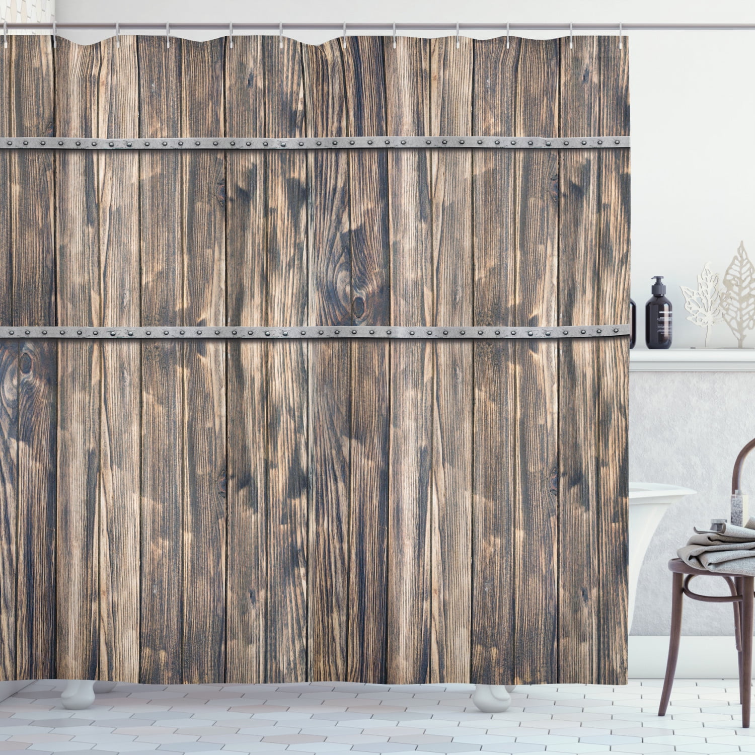 Rustic Shower Curtain, Image of Wooden Planks with Screws and Nails