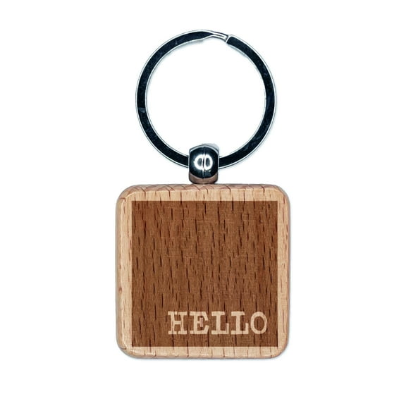 Hello Reversed Text in Box Square Keychain Charm Tag - Engraved Wood