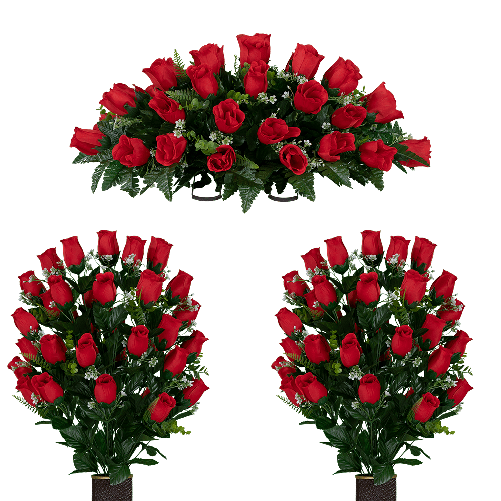 Sympathy Silks Artificial Cemetery Flowers Red Rose Buds Two Bouquets