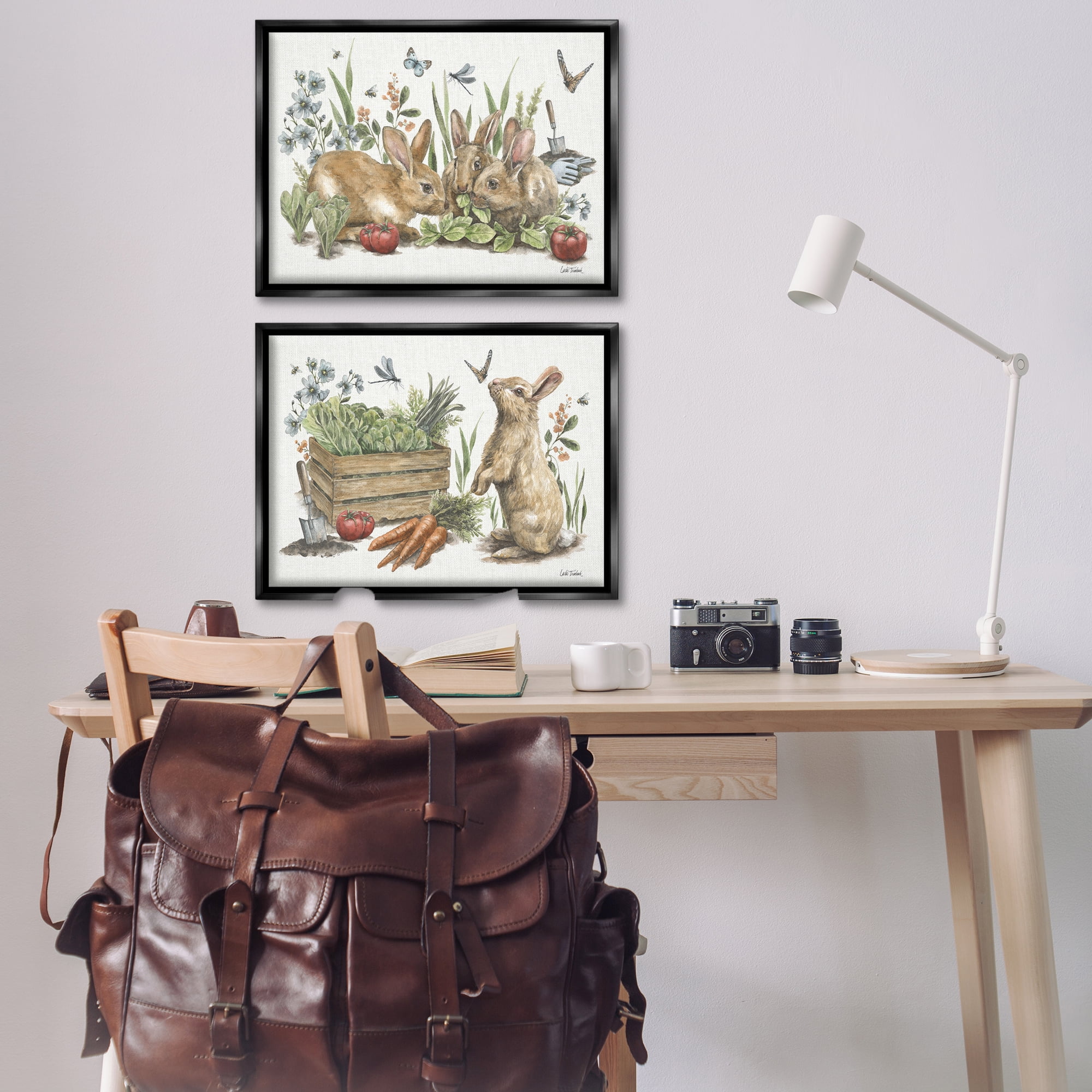 Stupell Industries Rabbit Vegetable Garden Party Animals Painting Black Floater Framed Canvas Art Print Wall Art, 31 x 21, Set of 2