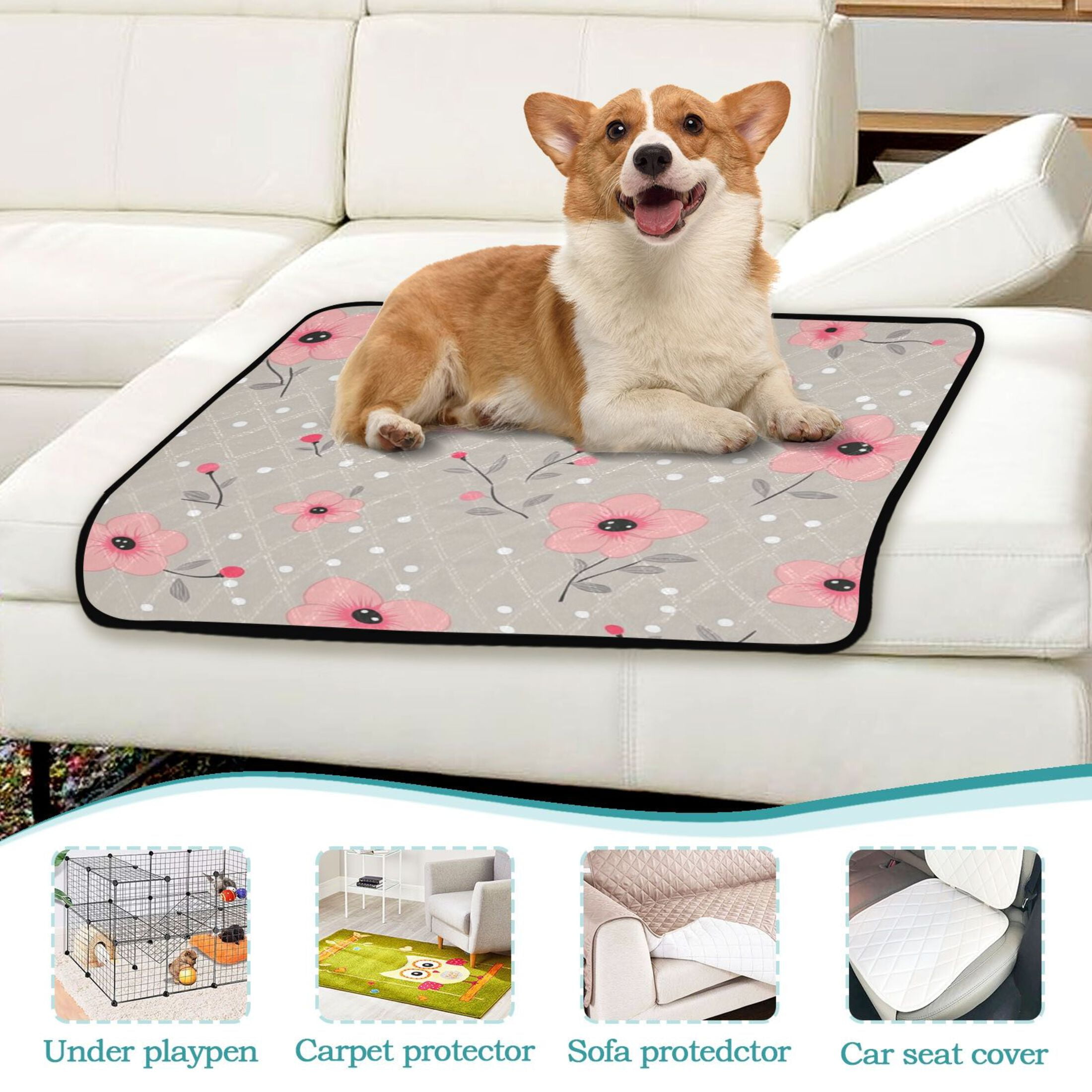 Washable Pet Pee Pads with Super Absorbent Reusable Training Pads for Dogs & Cats Pink Flowers Seamless Pattern