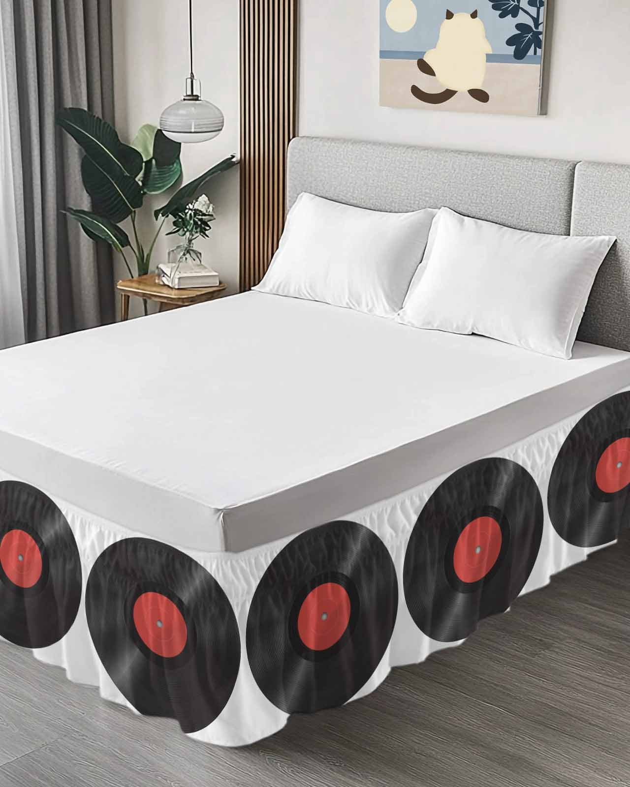 Retro Record Wrap Around Bed Skirts for Queen Bed 16" Drop, Bed Skirt with Adjustable Elastic Belt Dust Ruffle Bed Valance for Bedroom Hotel Luxury Abstract Vintage Minimalist Art Bed Frame Cover